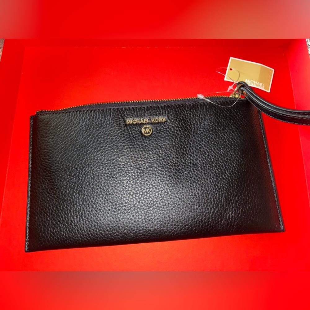 Michael Kors Black Leather Clutch with Gold Accent